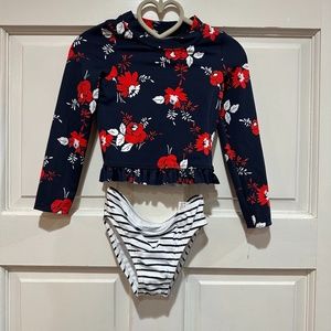 Janie and Jack Red Blue Floral Stipe 2 Piece Swimsuit Long Sleeve Girls 2T New